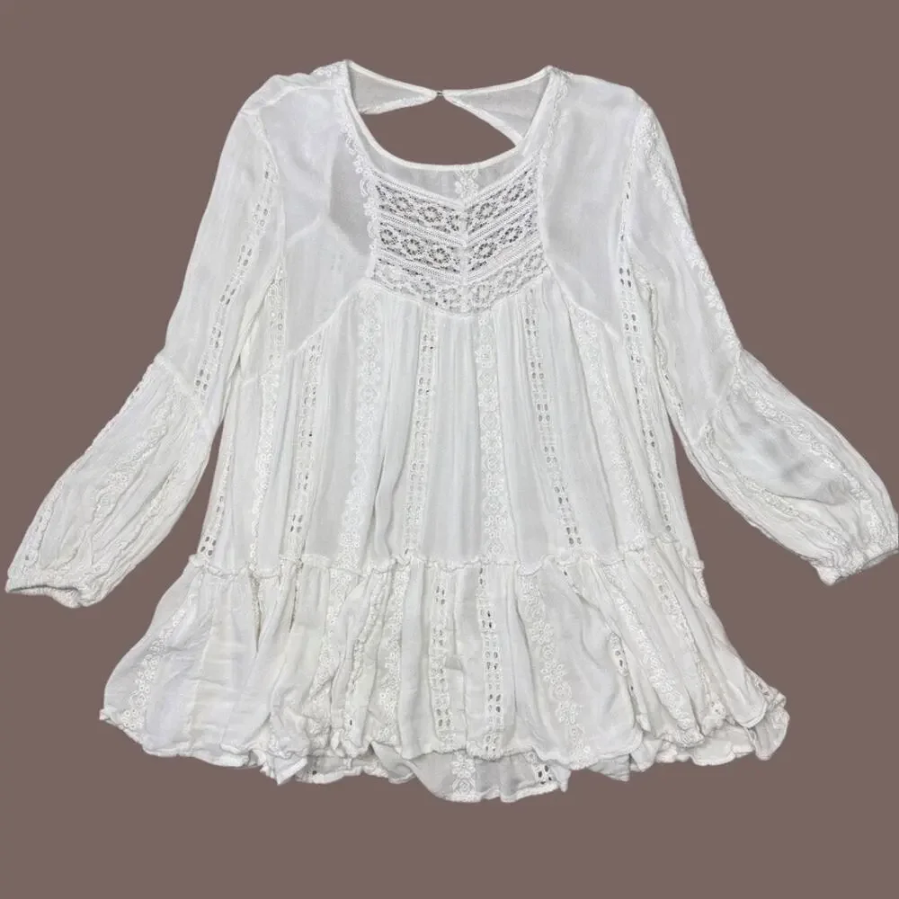 Free People Kiss Kiss Ivory White Tunic Bohemian Lace Embroidered Top Small